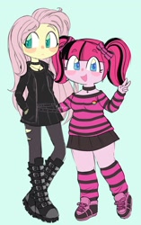 Size: 1286x2048 | Tagged: safe, artist:sidruni, fluttershy, pinkie pie, equestria girls, g4, :<, alternate hairstyle, boots, bow, choker, chokershy, chubby, clothes, colored pupils, demonia swing 815, duo, eye clipping through hair, eyebrows, eyebrows visible through hair, female, goth, hair bow, jacket, looking at you, looking sideways, pansexual pride flag, pigtails, pride, pride flag, pride flag pin, shirt, shoes, simple background, skirt, smiling, socks, striped shirt, striped socks, studded choker, twintails