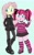 Size: 1286x2048 | Tagged: safe, artist:lemoocado, fluttershy, pinkie pie, equestria girls, g4, :<, alternate hairstyle, boots, bow, choker, chokershy, chubby, clothes, colored pupils, demonia swing 815, duo, eye clipping through hair, eyebrows, eyebrows visible through hair, female, goth, hair bow, jacket, looking at you, looking sideways, pansexual pride flag, pigtails, pride, pride flag, pride flag pin, shirt, shoes, simple background, skirt, smiling, socks, striped shirt, striped socks, studded choker, twintails