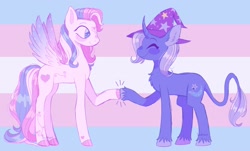 Size: 2048x1233 | Tagged: safe, artist:lemoocado, star catcher, trixie, pegasus, pony, unicorn, g4, chest fluff, curved horn, duo, ear fluff, female, gender headcanon, hoofbump, horn, leonine tail, pride, pride flag, smiling, trans female, trans trixie, transgender, transgender pride flag