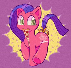 Size: 2048x1954 | Tagged: safe, artist:lemoocado, chuck e cheese pony, pony, g1, bow, chuck e. cheese, cute, food, grainy, mouth hold, pizza, slice of pizza, solo, tail bow, toy interpretation