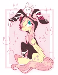 Size: 1902x2425 | Tagged: safe, artist:lemoocado, angel bunny, fluttershy, pegasus, pony, rabbit, g4, angelbetes, animal, bunny ears, bunny ears hoodie, clothes, cute, female, happy, hoodie, male, mare, pet, shyabetes, sitting, smiling