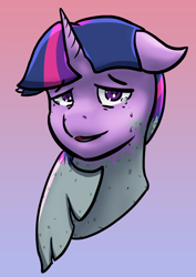 Size: 1892x2665 | Tagged: safe, artist:tofuslied-, twilight sparkle, alicorn, pony, g4, crying, floppy ears, head only, petrification, simple background, smiling, solo, story included, teary eyes, twilight sparkle (alicorn)