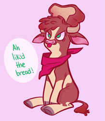 Size: 873x1000 | Tagged: safe, artist:equinoxette, arizona (tfh), cow, them's fightin' herds, :p, arizonadorable, bandana, bread, bread head, cloven hooves, community related, cute, female, floppy ears, food, i lik the bred, misspelling, pink background, simple background, sitting, solo, tongue out
