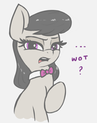 Size: 1297x1648 | Tagged: safe, artist:t72b, octavia melody, earth pony, pony, g4, ..., background pony, bowtie, britavia, british, bust, female, looking at you, mare, octavia is not amused, octchavia, raised hoof, simple background, solo, u wot m8, unamused