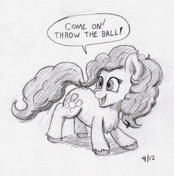 Size: 1280x1302 | Tagged: safe, artist:lost marbles, pinkie pie, earth pony, pony, g4, behaving like a dog, dialogue, female, pencil drawing, sketch, solo, traditional art