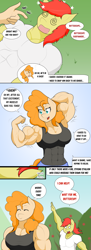 Size: 1914x5267 | Tagged: safe, artist:matchstickman, bright mac, pear butter, earth pony, anthro, g4, abs, armpits, biceps, breasts, busty pear butter, clothes, comic, dazed, deltoids, dialogue, duo, ear flick, female, flexing, male, mare, matchstickman's pear buffer series, muscles, pear buffer, pecs, raised arm, ship:brightbutter, shipping, shirt, speech bubble, stallion, straight