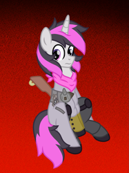 Size: 899x1200 | Tagged: safe, artist:froyo15sugarblast, oc, oc only, oc:shining silverdiamond, pony, unicorn, armor, bandana, gradient background, gun, heterochromia, horn, male, noise, red and black, solo, unicorn oc, weapon