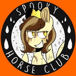 Size: 400x400 | Tagged: safe, oc, oc only, oc:prince whateverer, pegasus, pony, chest fluff, crown, devious smile, jewelry, logo, male, pegasus oc, regalia, solo, sparkles, spooky horse club, spread wings, text, water drops, wings