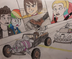 Size: 900x742 | Tagged: safe, artist:jebens1, rainbow dash, equestria girls, g4, car, comic panel, fast and furious, gabrielle (tmnt), grin, pedal, race, racecar, racing, shocked, smiling, spy racers, surprised, surprised face