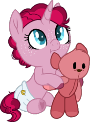 Size: 382x518 | Tagged: safe, artist:katnekobase, artist:rickysocks, oc, oc only, oc:agarita fizzy pie, pony, unicorn, baby, baby pony, base used, cute, freckles, magical lesbian spawn, ocbetes, offspring, parent:pinkie pie, parent:tempest shadow, parents:tempestpie, simple background, solo, teddy bear, transparent background