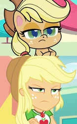 Size: 1428x2287 | Tagged: safe, edit, screencap, applejack, earth pony, pony, equestria girls, equestria girls specials, g4, g4.5, how applejack got her hat back, my little pony equestria girls: better together, my little pony equestria girls: rollercoaster of friendship, my little pony: pony life, angry, applejack is not amused, crossed arms, geode of super strength, magical geodes, pony life interpretation, same energy, scene interpretation, unamused