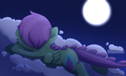 Size: 1515x913 | Tagged: safe, artist:orangemoonarts, oc, oc only, oc:rainbolt, pony, base used, cloud, full moon, hair over eyes, interspecies offspring, lying down, lying on a cloud, moon, offspring, on a cloud, parent:scootaloo, parent:spike, parents:scootaspike, solo