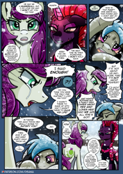 Size: 2480x3508 | Tagged: safe, artist:dsana, fizzlepop berrytwist, tempest shadow, oc, oc:fireweed, oc:thistledown, earth pony, pony, unicorn, comic:a storm's lullaby, g4, armor, blizzard, brother and sister, comic, crying, crystal armor, female, high res, horn, male, mare, scar, siblings, snow, snowfall, stallion, talk down, tempest gets her horn back