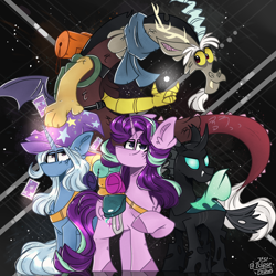 Size: 3000x3000 | Tagged: safe, artist:jxst-starly, discord, starlight glimmer, thorax, trixie, changeling, draconequus, pony, unicorn, g4, to where and back again, backpack, clothes, ear fluff, female, high res, magic, male, mare, playing card, reformed four, scarf, telekinesis