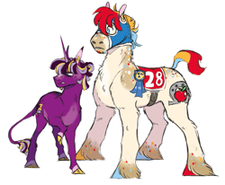 Size: 967x796 | Tagged: safe, artist:halfcrazydaisy, oc, oc only, oc:hill sprint, oc:page turner, classical unicorn, earth pony, pony, unicorn, cloven hooves, duo, female, height difference, horn, leonine tail, magical lesbian spawn, male, mare, mask, offspring, parent:applejack, parent:rainbow dash, parent:tempest shadow, parent:twilight sparkle, parents:appledash, parents:tempestlight, ribbon, saddle, simple background, stallion, tack, unshorn fetlocks, white background
