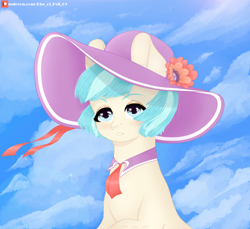 Size: 3500x3200 | Tagged: safe, artist:rise_of_evil_69, coco pommel, earth pony, pony, beautiful, blushing, bust, cloud, cocobetes, cute, detailed background, ear fluff, female, flower, flower in hair, hat, high res, looking at you, mare, open mouth, sky, solo, sun hat, windswept mane