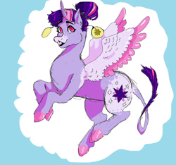 Size: 1280x1196 | Tagged: safe, artist:horsievents, twilight sparkle, alicorn, pony, g4, alternate hairstyle, colored wings, ear piercing, earring, hair bun, jewelry, leonine tail, multicolored wings, piercing, redesign, solo, twilight sparkle (alicorn), wings