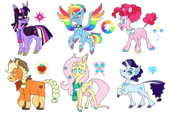 Size: 1280x854 | Tagged: safe, artist:me-my-elf-and-i, applejack, fluttershy, pinkie pie, rainbow dash, rarity, twilight sparkle, alicorn, earth pony, pegasus, pony, unicorn, g4, alternate cutie mark, bowtie, clothes, cloven hooves, coat markings, colored wings, feathered fetlocks, female, glasses, goggles, heterochromia, lesbian, mane six, multicolored wings, neckerchief, necktie, rainbow wings, scarf, ship:appledash, ship:flarity, shipping, simple background, socks (coat markings), transparent background, twilight sparkle (alicorn), unshorn fetlocks, wings