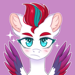 Size: 775x775 | Tagged: safe, artist:duskinova, zipp storm, pegasus, pony, g5, blue eyes, blushing, bust, colored wings, ear fluff, eyebrows, eyelashes, female, looking at you, lowres, mare, multicolored wings, portrait, purple background, simple background, solo, sparkles, spread wings, spreading, unamused, wing fluff, wings