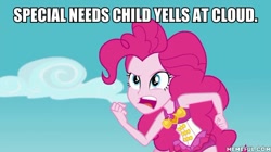 Size: 600x337 | Tagged: safe, edit, edited screencap, editor:applejackfan204, screencap, pinkie pie, equestria girls, equestria girls series, forgotten friendship, g4, caption, clothes, crossing the memes, image macro, king of the hill, male, meme, old man yells at cloud, simpsons did it, solo, swimsuit, text, the simpsons