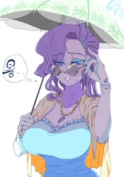Size: 700x1000 | Tagged: safe, artist:sozglitch, rarity, equestria girls, ..., big breasts, breasts, busty rarity, cleavage, clothes, cutie mark, cutie mark on clothes, dress, eyes closed, female, gloves, jewelry, long gloves, looking at you, necklace, solo, sunglasses, sweat, sweatdrop, umbrella