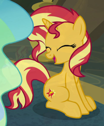 Size: 482x579 | Tagged: safe, screencap, princess celestia, sunset shimmer, pony, unicorn, equestria girls, equestria girls specials, g4, my little pony equestria girls: better together, my little pony equestria girls: forgotten friendship, cropped, cute, cutie mark, eyes closed, female, horn, mare, offscreen character, open mouth, shimmerbetes, sitting, smiling, three quarter view