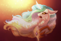 Size: 1280x854 | Tagged: safe, artist:janeraver, daybreaker, princess celestia, alicorn, pony, g4, bust, female, mare, melting, solo, sunlight, this will end in daybreaker, this will not end well, transformation