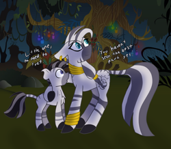 Size: 1772x1547 | Tagged: safe, artist:gallantserver, zecora, oc, oc:zephyr, zebra, g4, concave belly, female, male, mother and child, mother and son