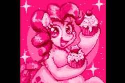 Size: 1500x1000 | Tagged: safe, artist:waninoaburiyaki, pinkie pie, earth pony, pony, g4, cupcake, food, monochrome, pink, pixel art, solo