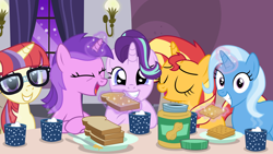 Size: 8000x4500 | Tagged: safe, artist:starcollider, amethyst star, moondancer, sparkler, starlight glimmer, sunset shimmer, trixie, pony, unicorn, g4, bread, break-fasting at ponyville, chocolate, crackers, drink, empathy cocoa, eyes closed, female, food, group, hot chocolate, irrational exuberance, looking at you, magical trio, mare, missing accessory, peanut butter, peanut butter crackers, show accurate, smiling, smiling at you, that pony sure does love peanut butter, that pony sure does love peanut butter crackers, vector