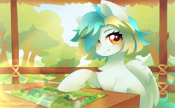 Size: 5000x3092 | Tagged: safe, artist:dedfriend, oc, oc only, pegasus, pony, backlighting, blushing, chest fluff, cottagecore, female, folded wings, freckles, gazebo, jigsaw puzzle, lens flare, looking at you, map, mare, outdoors, puzzle, sitting, sky, smiling, solo, table, tree, wings