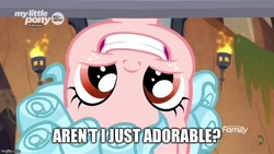 Size: 800x450 | Tagged: safe, edit, edited screencap, screencap, cozy glow, pegasus, pony, frenemies (episode), g4, season 9, caption, cozybetes, cute, discovery family logo, female, filly, foal, grin, image macro, imgflip, looking at you, pure concentrated unfiltered evil of the utmost potency, pure unfiltered evil, smiling, solo, talking to viewer, text, truth, upside down