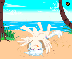 Size: 5090x4210 | Tagged: safe, artist:kyoshyu, oc, oc only, oc:gallery dart, pegasus, pony, absurd resolution, beach, female, horses doing horse things, mare, palm tree, rolling, sand, solo, tongue out, tree, vector