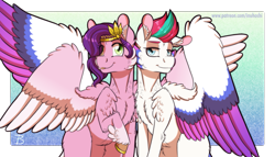 Size: 1879x1078 | Tagged: safe, artist:inuhoshi-to-darkpen, pipp petals, zipp storm, pegasus, pony, g5, cheek fluff, chest fluff, colored wings, duo, ear fluff, female, hoof fluff, looking at you, mare, multicolored wings, royal sisters (g5), shoulder fluff, siblings, sisters, smiling, spread wings, text, tongue out, wing fluff, wings