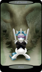 Size: 1500x2591 | Tagged: safe, artist:sixes&sevens, part of a set, fancypants, pony, unicorn, g4, blindfold, crossed hooves, dirt road, facial hair, forest, male, minor arcana, moustache, sitting, solo, sword, tarot card, two of swords, weapon