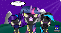 Size: 7680x4154 | Tagged: safe, artist:damlanil, twilight sparkle, oc, oc:nightlight aura, oc:star eyes, alicorn, pegasus, pony, g4, absurd resolution, clothes, comic, commission, costume, female, glasses, goggles, horn, latex, latex suit, link in description, mare, mind control, rubber, shadowbolt drone, shadowbolts, shadowbolts (nightmare moon's minions), shadowbolts costume, shiny, shiny mane, show accurate, story included, suit, text, transformation, twilight sparkle (alicorn), vector, wings
