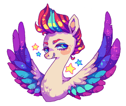Size: 698x590 | Tagged: safe, artist:suippumato, zipp storm, pegasus, pony, g5, bust, chest fluff, colored wings, female, mare, multicolored wings, portrait, simple background, smiling, solo, spread wings, stars, white background, wings