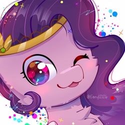 Size: 3000x3000 | Tagged: safe, artist:emyjk, pipp petals, pegasus, pony, g5, my little pony: a new generation, :3, abstract background, adorapipp, blushing, bust, cheek fluff, chest fluff, chibi, cute, female, high res, looking at you, mare, one eye closed, portrait, solo, wink