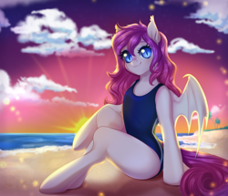 Size: 2380x2050 | Tagged: safe, artist:kawipie, oc, oc only, oc:candy bat, oc:luscious desire, bat pony, pony, semi-anthro, beach, blue swimsuit, clothes, female, happy, high res, mare, missing cutie mark, one-piece swimsuit, sand, sitting, smiling, solo, spread wings, sunset, swimsuit, wings