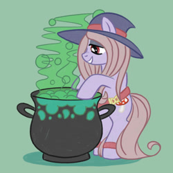 Size: 2000x2000 | Tagged: safe, artist:mediocremare, earth pony, pony, bipedal, cauldron, female, green background, grin, hat, high res, little witch academia, mare, ponified, simple background, smiling, solo, sucy manbavaran, witch, witch hat