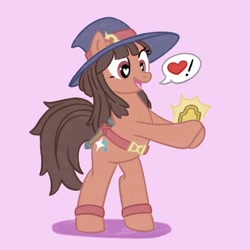 Size: 2000x2000 | Tagged: safe, artist:mediocremare, earth pony, pony, akko kagari, bipedal, hat, heart eyes, high res, little witch academia, pink background, ponified, simple background, solo, spoken heart, wingding eyes, witch hat