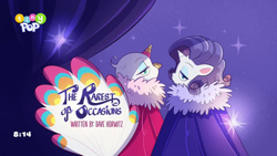 Size: 1024x576 | Tagged: safe, screencap, rarity, sugar snap, bird, peacock, pony, unicorn, g4.5, my little pony: pony life, the rarest of occasions, tiny pop, title card