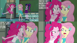 Size: 1280x720 | Tagged: safe, edit, edited screencap, editor:quoterific, screencap, fluttershy, pinkie pie, sci-twi, twilight sparkle, equestria girls, equestria girls specials, g4, my little pony equestria girls: better together, my little pony equestria girls: forgotten friendship, bowtie, chalkboard, clothes, crossed arms, cutie mark, cutie mark on clothes, female, geode of fauna, geode of sugar bombs, geode of telekinesis, glasses, hairpin, jewelry, magical geodes, necklace, nose in the air, open mouth, ponytail, sandals, shoes, tank top, tongue out