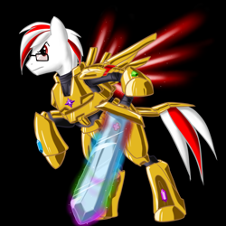 Size: 2160x2160 | Tagged: safe, oc, oc only, oc:red cross, pegasus, pony, armor, artificial wings, augmented, element of generosity, element of honesty, element of kindness, element of laughter, element of loyalty, element of magic, elements of harmony, glasses, halo, high res, hoof hold, male, pegasus oc, simple background, stallion, sword, weapon, wings