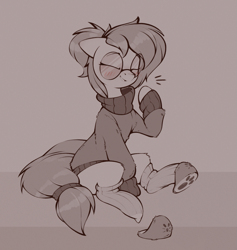 Size: 1159x1223 | Tagged: safe, artist:rexyseven, oc, oc only, oc:whispy slippers, earth pony, pony, blushing, clothes, female, glasses, mare, monochrome, slippers, socks, solo, sweater, turtleneck