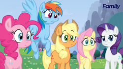 Size: 1920x1080 | Tagged: safe, artist:dragnmastralex, applejack, fluttershy, pinkie pie, rainbow dash, rarity, earth pony, pegasus, pony, unicorn, g4, discovery family logo, eyebrows, eyebrows visible through hair, female, flying, frown, looking at something, mare, raised eyebrow, raised hoof, redraw, screencap background, wings