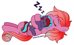 Size: 1200x731 | Tagged: safe, artist:jennieoo, oc, oc only, oc:charming dazz, oc:rosebud, pegasus, pony, unicorn, colt, foal, hug, male, show accurate, simple background, sleeping, transparent background