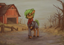 Size: 1280x905 | Tagged: safe, artist:wonderblue, oc, oc only, earth pony, pony, fallout equestria, barn, clothes, commission, dead tree, farm, raised hoof, scarf, solo, tree