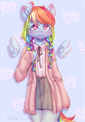 Size: 1722x2467 | Tagged: safe, artist:zefirka, rainbow dash, pegasus, pony, semi-anthro, g4, alternate hairstyle, arm hooves, clothes, cute, dashabetes, floating wings, solo, wings