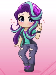 Size: 3072x4096 | Tagged: safe, artist:kittyrosie, starlight glimmer, equestria girls, g4, beanie, blushing, clothes, cute, female, glimmerbetes, gradient background, hat, heart eyes, high res, human coloration, looking at you, peace sign, ripped pants, shoes, smiling, smiling at you, solo, wingding eyes
